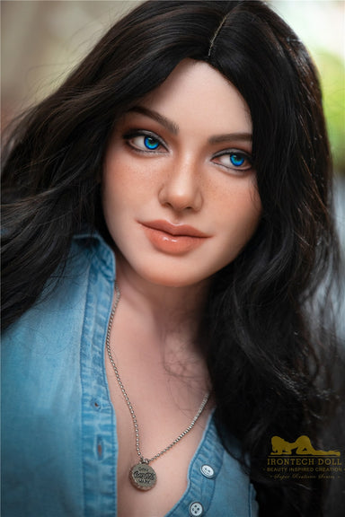 Brunette blue eyed silicone sex doll by irontech